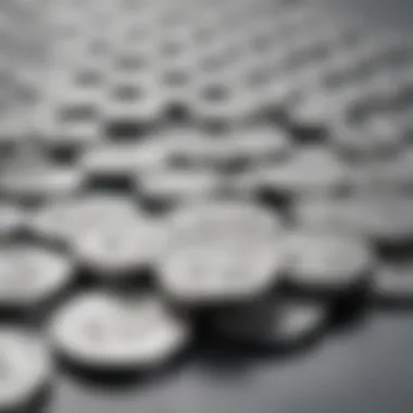 Silver coins displayed on a reflective surface