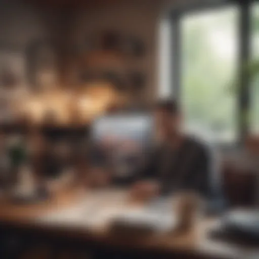 A person working at a cozy home office with a laptop and coffee.