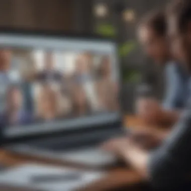 A virtual meeting on a laptop screen showing diverse professionals engaged.