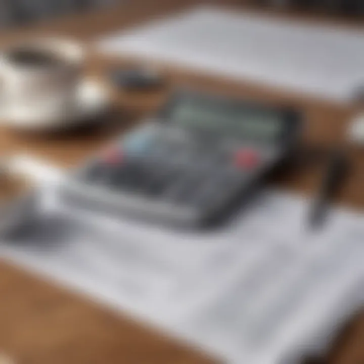 A close-up of a calculator, mortgage documents, and a coffee cup on a wooden table