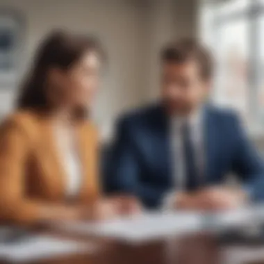 A satisfied couple discussing their mortgage options with a financial advisor in an office