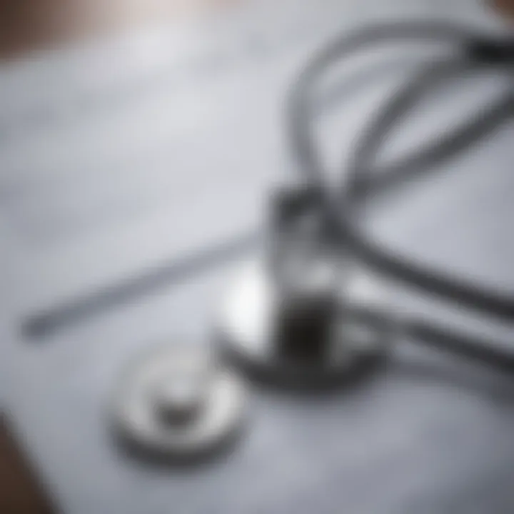 A close-up of a stethoscope and liability insurance policy on a desk