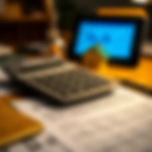 A calculator and tax forms on a desk representing tax calculations for homeowners