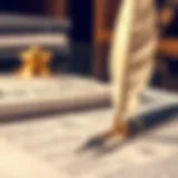 Detailed depiction of legal documents and a quill pen symbolizing will drafting.