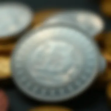 A close-up view of a silver coin with intricate designs